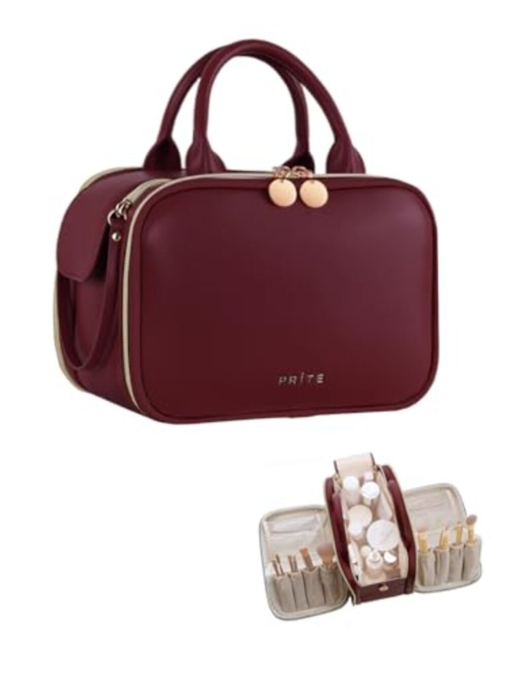Waterproof Leather Makeup Bag Large Travel Cosmetic Case Brush Holder